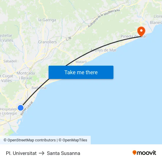 Pl. Universitat to Santa Susanna map