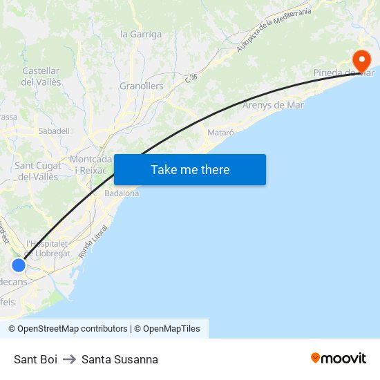 Sant Boi to Santa Susanna map