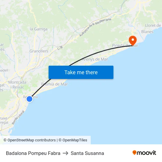 Badalona Pompeu Fabra to Santa Susanna map