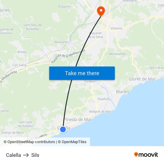 Calella to Sils map