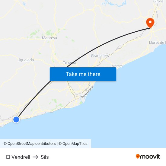 El Vendrell to Sils map