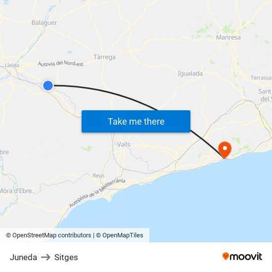 Juneda to Sitges map