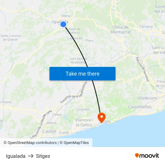 Igualada to Sitges map