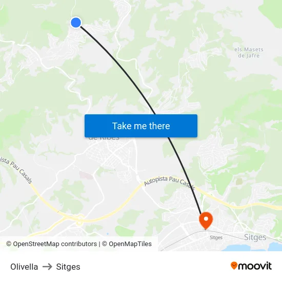 Olivella to Sitges map