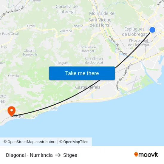 Diagonal - Numància to Sitges map