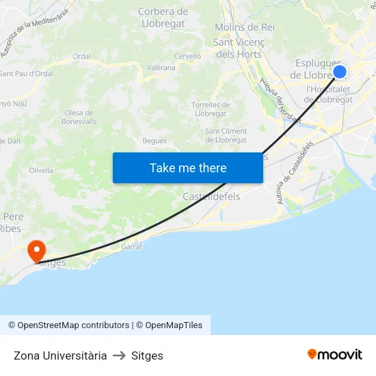 Zona Universitària to Sitges map