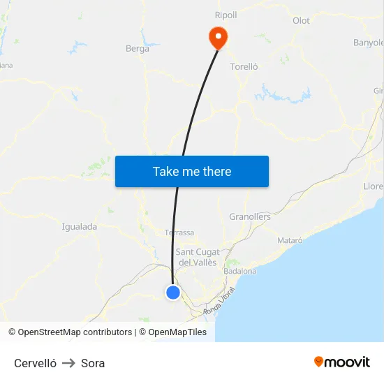 Cervelló to Sora map