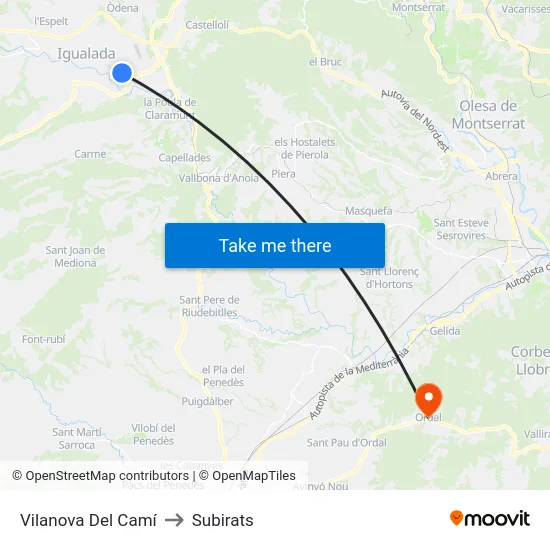 Vilanova Del Camí to Subirats map