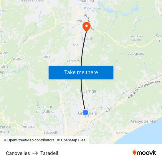 Canovelles to Taradell map