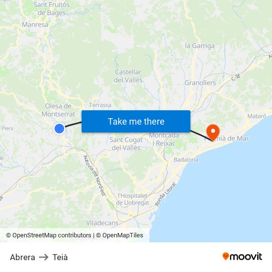 Abrera to Teià map