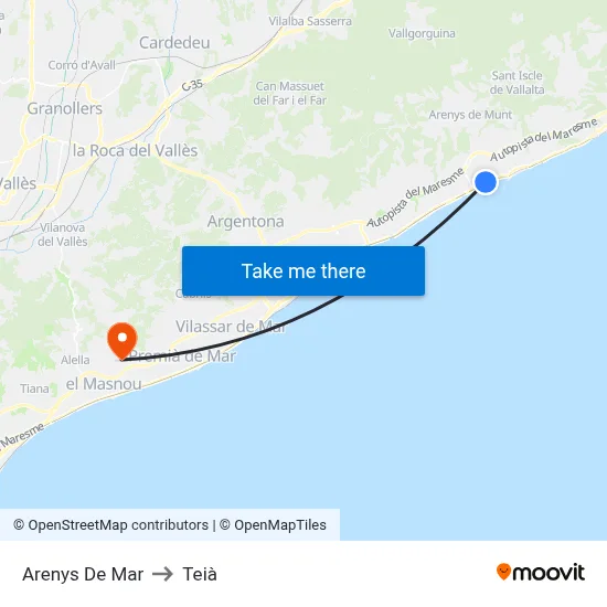 Arenys De Mar to Teià map