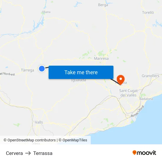 Cervera to Terrassa map