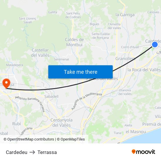Cardedeu to Terrassa map