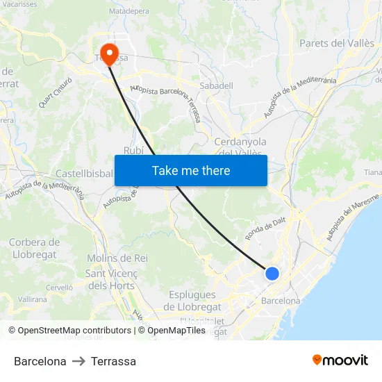 Barcelona to Terrassa map