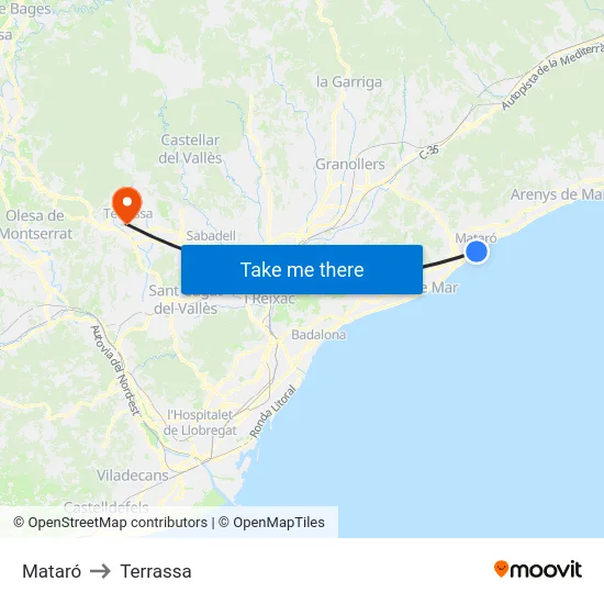 Mataró to Terrassa map