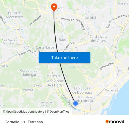 Cornellà to Terrassa map