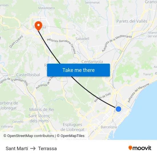 Sant Martí to Terrassa map