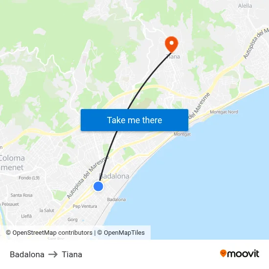 Badalona to Tiana map