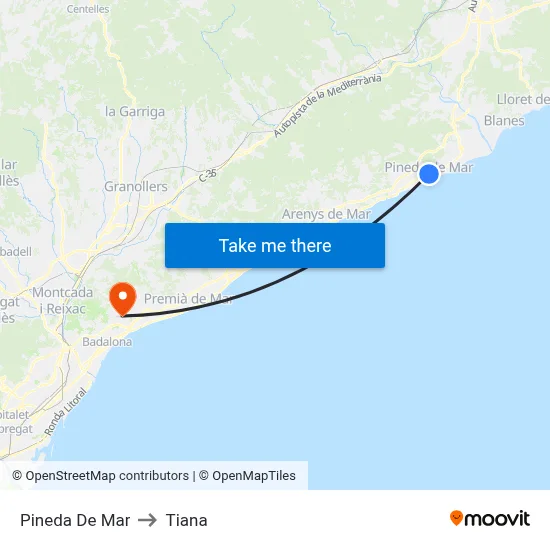 Pineda De Mar to Tiana map