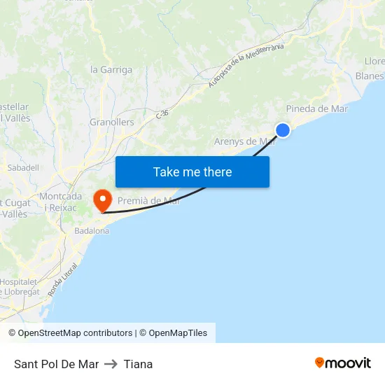 Sant Pol De Mar to Tiana map