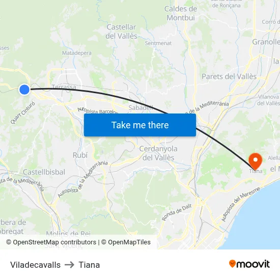 Viladecavalls to Tiana map