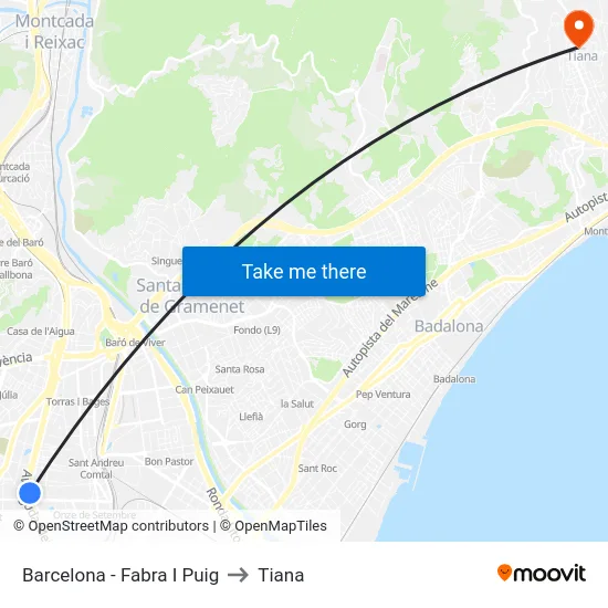 Barcelona - Fabra I Puig to Tiana map