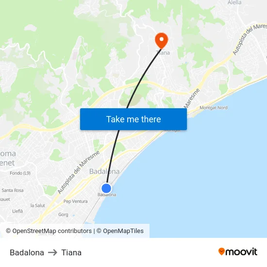 Badalona to Tiana map