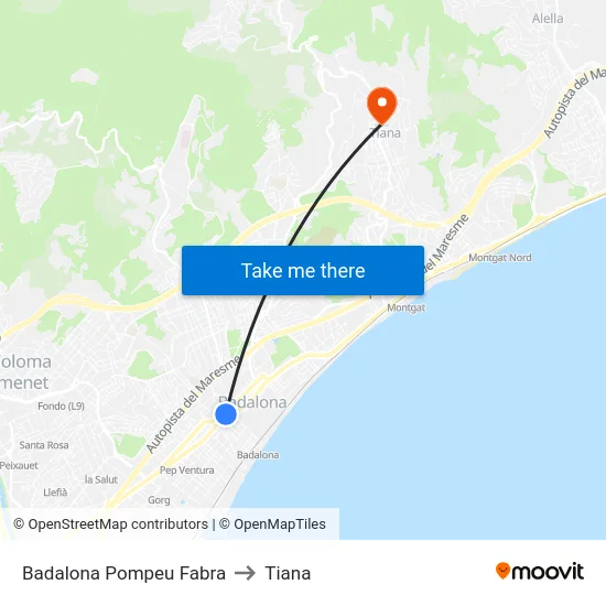 Badalona Pompeu Fabra to Tiana map