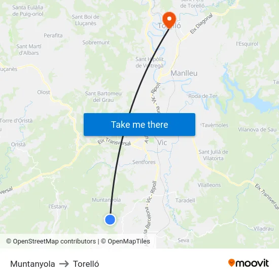 Muntanyola to Torelló map