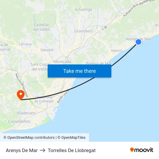 Arenys De Mar to Torrelles De Llobregat map