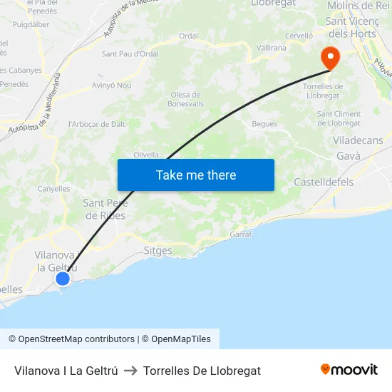 Vilanova I La Geltrú to Torrelles De Llobregat map