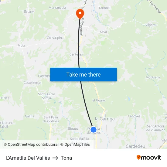 L'Ametlla Del Vallès to Tona map