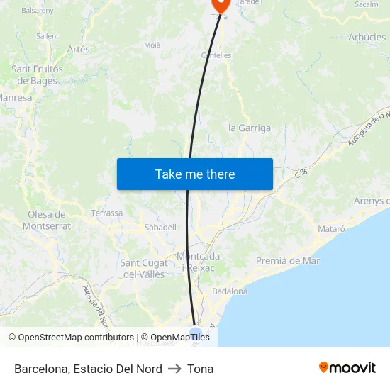 Barcelona, Estacio Del Nord to Tona map