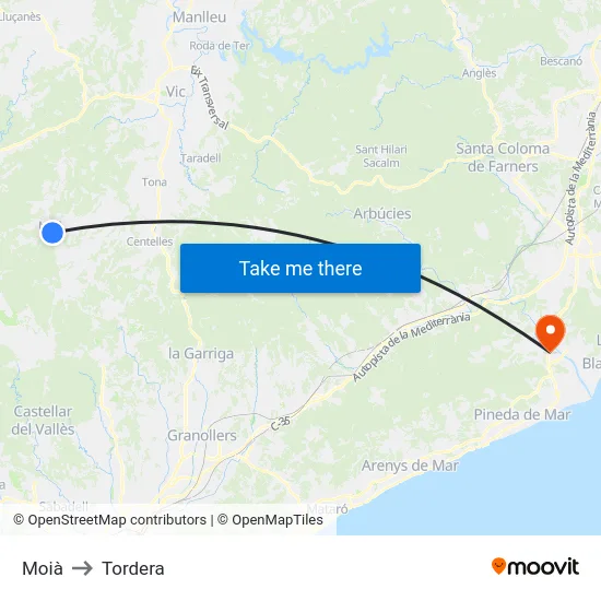 Moià to Tordera map