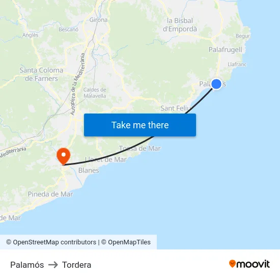 Palamós to Tordera map