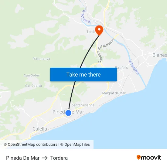 Pineda De Mar to Tordera map