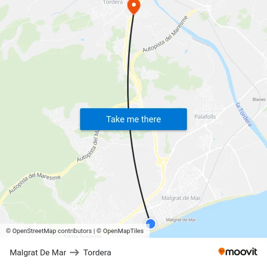 Malgrat De Mar to Tordera map