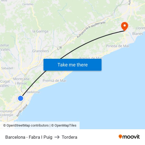 Barcelona - Fabra I Puig to Tordera map