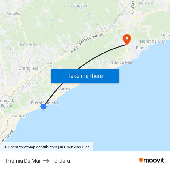 Premià De Mar to Tordera map