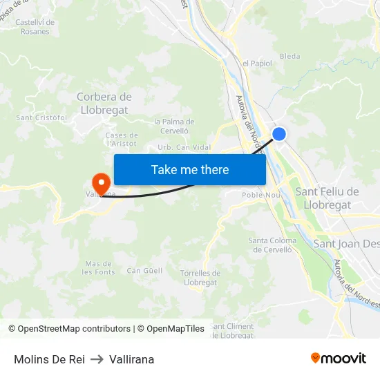 Molins De Rei to Vallirana map