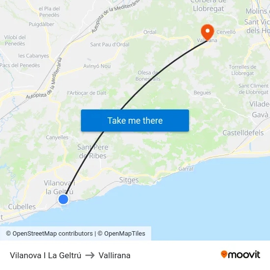 Vilanova I La Geltrú to Vallirana map