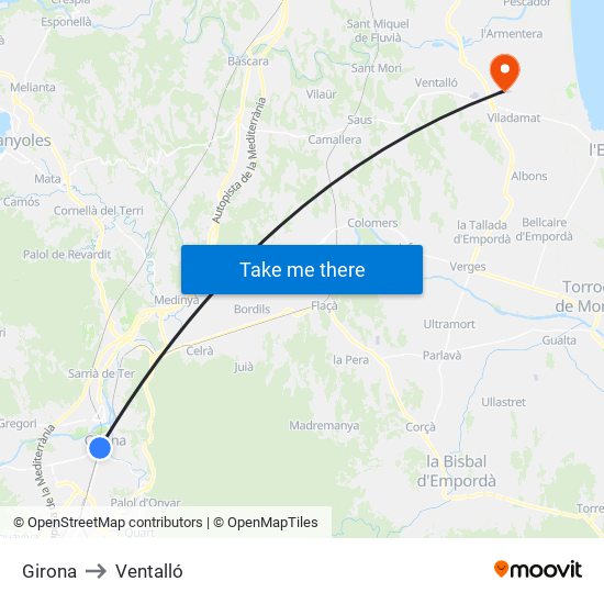 Girona to Ventalló map