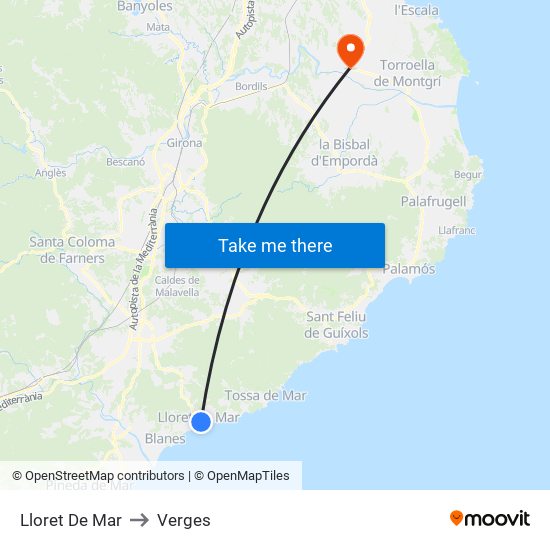 Lloret De Mar to Verges map