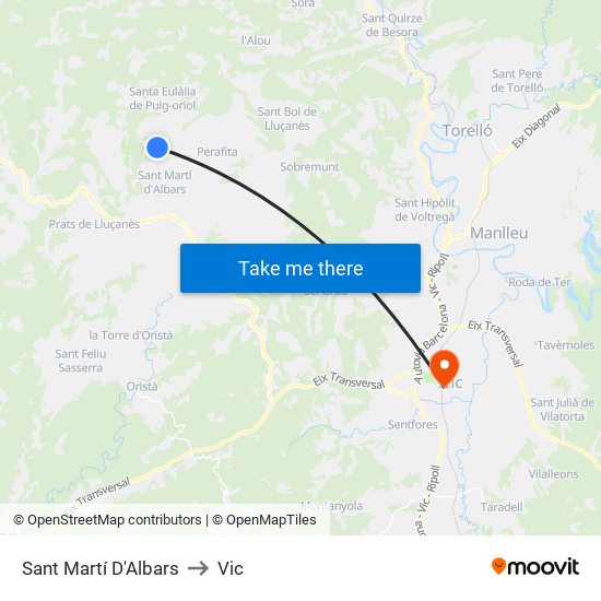 Sant Martí D'Albars to Vic map