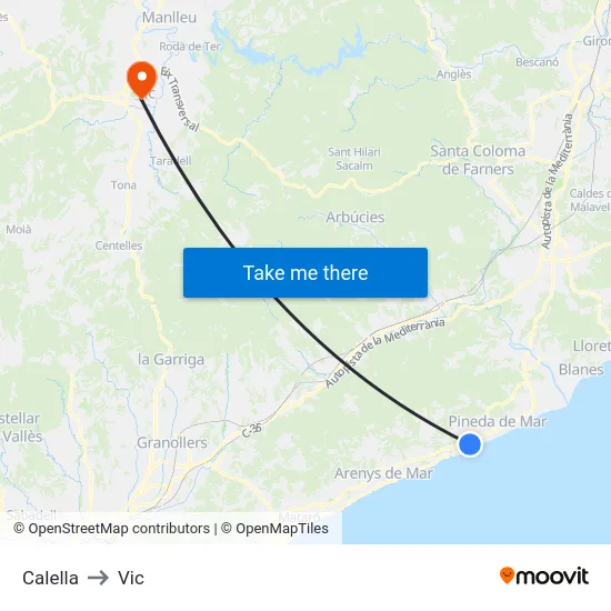 Calella to Vic map