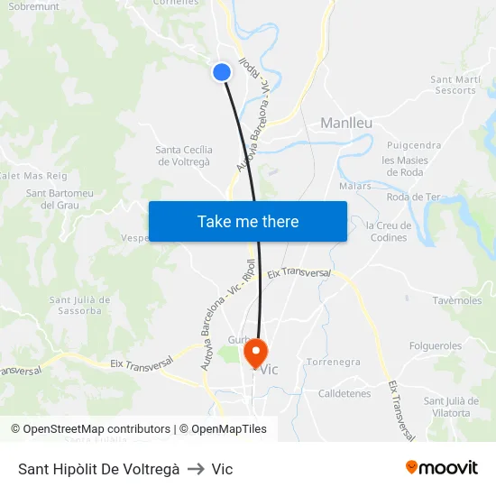 Sant Hipòlit De Voltregà to Vic map