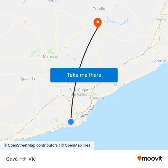 Gavà to Vic map