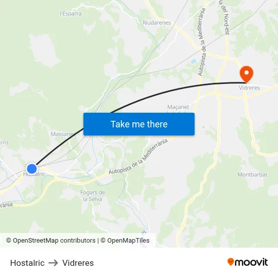 Hostalric to Vidreres map