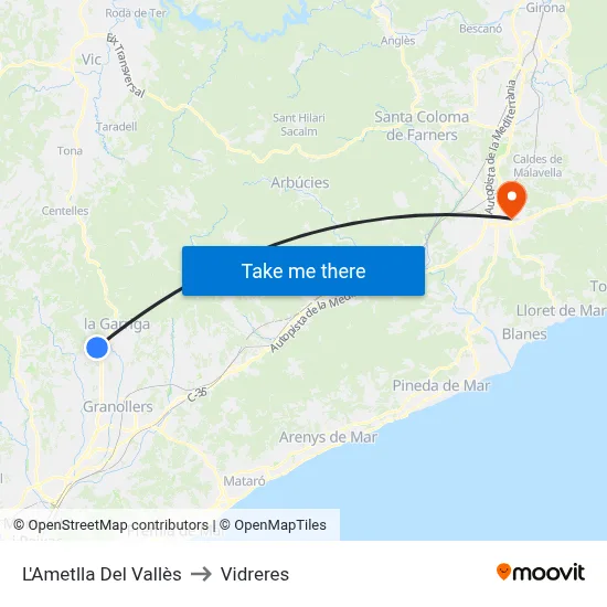 L'Ametlla Del Vallès to Vidreres map