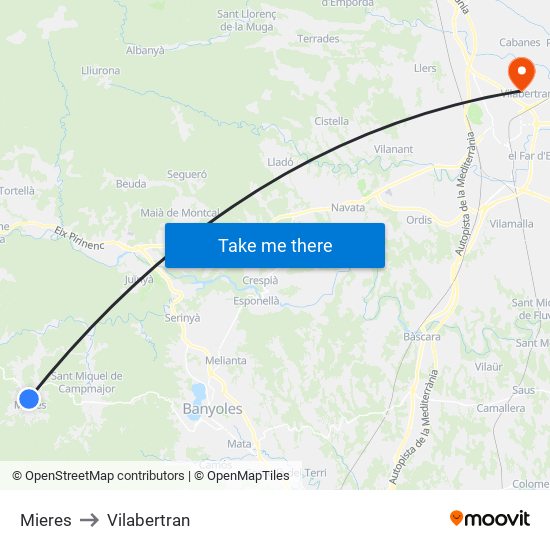 Mieres to Vilabertran map